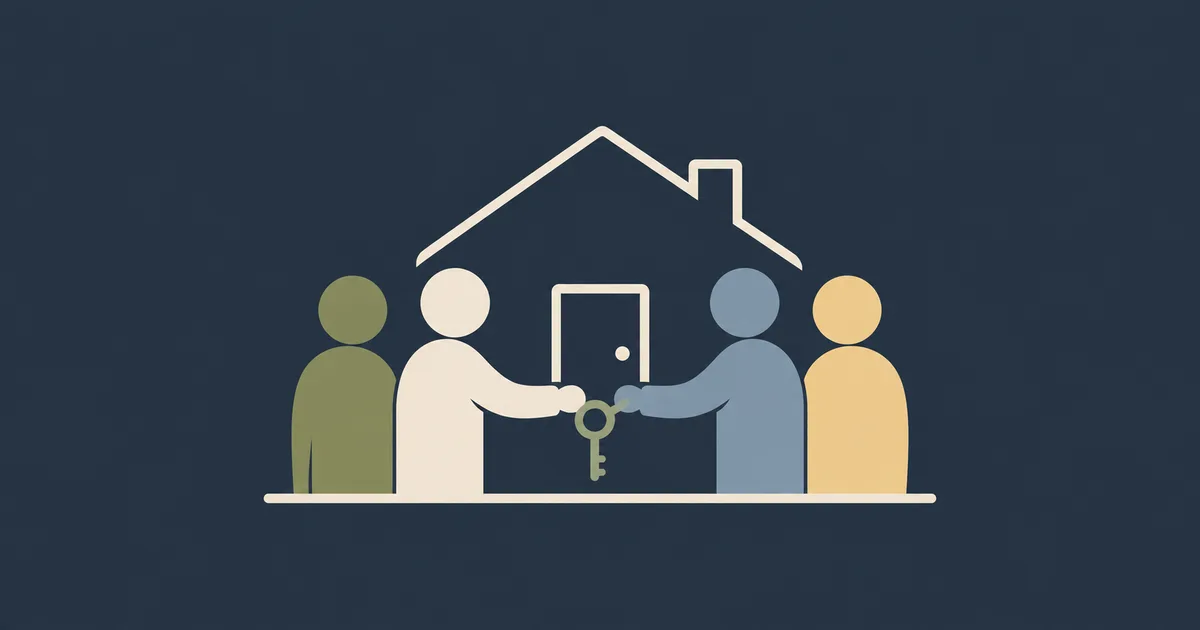 A line drawing of parents and an adult child in front of a home, passing a key, in CoBuy colors