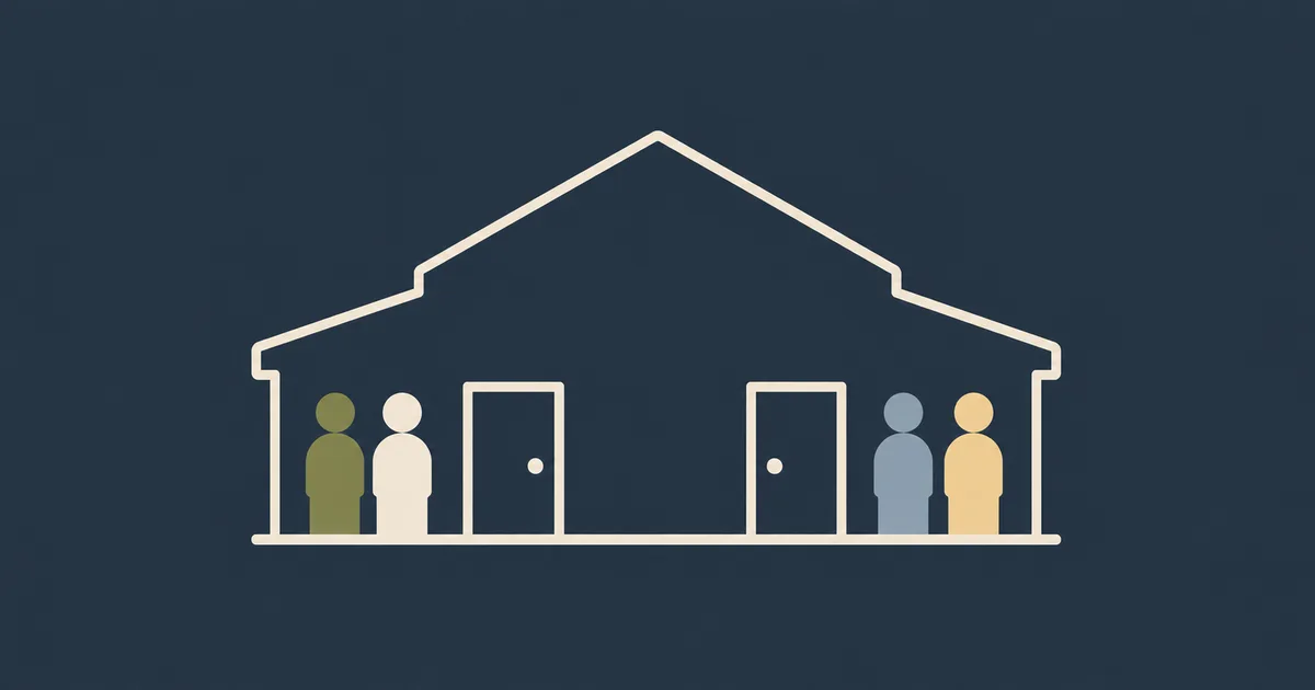 A line drawing of one house with two front doors and a family, in CoBuy colors