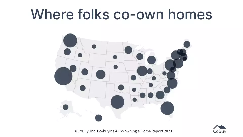 Map of the US depicting survey data from CoBuy’s Co-buying & Co-owning a Home 2023 Report showing where co-owners currently own a home together.