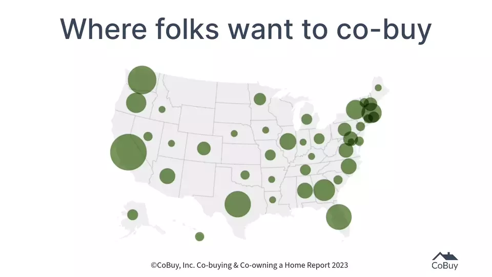 Map of the US depicting survey data from CoBuy’s Co-buying & Co-owning a Home 2023 Report showing where co-buyers plan to co-buy a home.