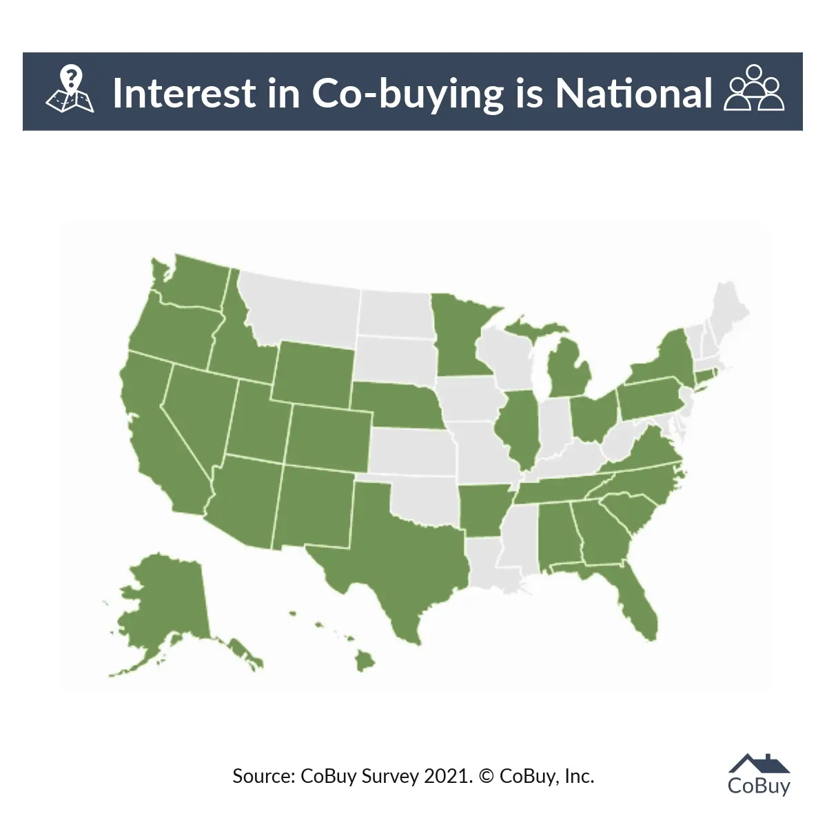 Map showing the states from which our CoBuy Survey registered interest in co-buying a home. Thirty states are highlighted.