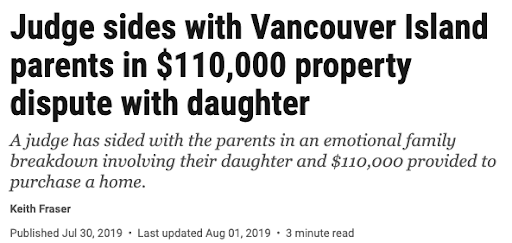 News article screen shot: "Judge sides with Vancouver Island parents in $110,000 property dispute with daughter."