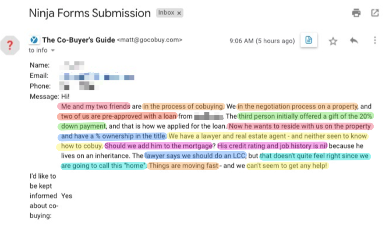 Email from a co-buyer who found our blog online and got in touch.