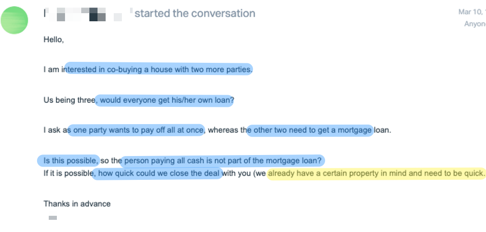 Email from a co-buyer who found us on the internet and got in touch.