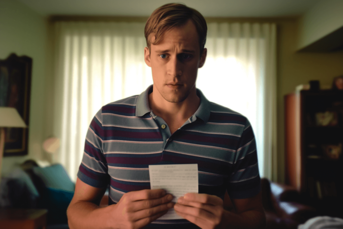 Man in a living room holding a piece of paper looking concerned.
